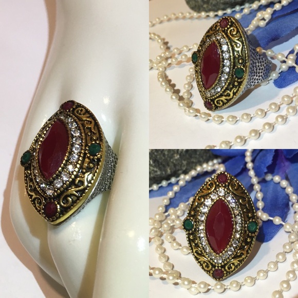 Marquise Cut Dyed Ruby & Emerald Handmade Turkish Brass Halo Ring - Picture 4 of 4